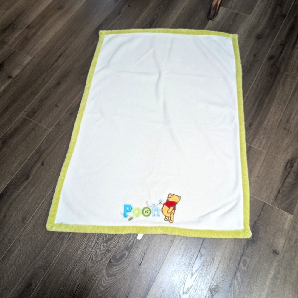 Disney White And Green Baby Blanket with Winnie Pooh Bear . Plush Textured.